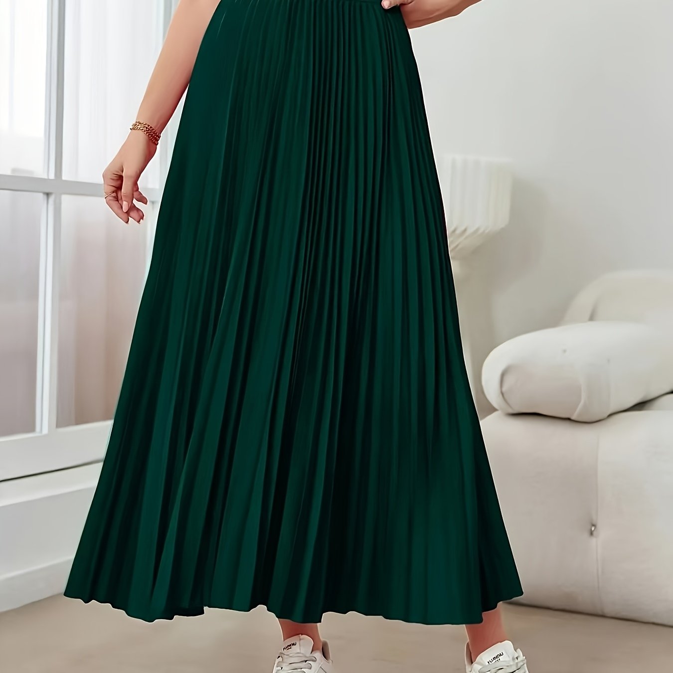 Women's Elegant High-Waisted Pleated Midi Skirt - Non-Stretch Machine-Washable All-Season Versatile Solid Color Smooth Texture for Casual & Formal Outfits, Cute Skirts, Nonelastic Fabric