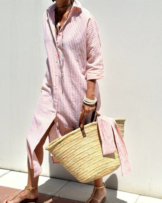Effortless Striped Linen Shirt Dress for Women with Collar Elbow Sleeve Button Front Relaxed Casual Style