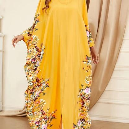 Floral Print Crew Neck Kaftan Abaya, Elegant Batwing Sleeve Split Maxi Dress, Women's Clothing