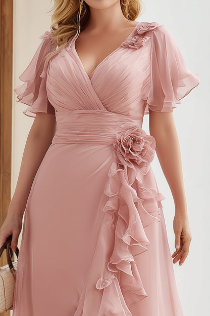 Flycurvy Plus Size Wedding Guest Blush Pink Chiffon Wrap Flutter Sleeve Slit Ruffle Hem Maxi Dress