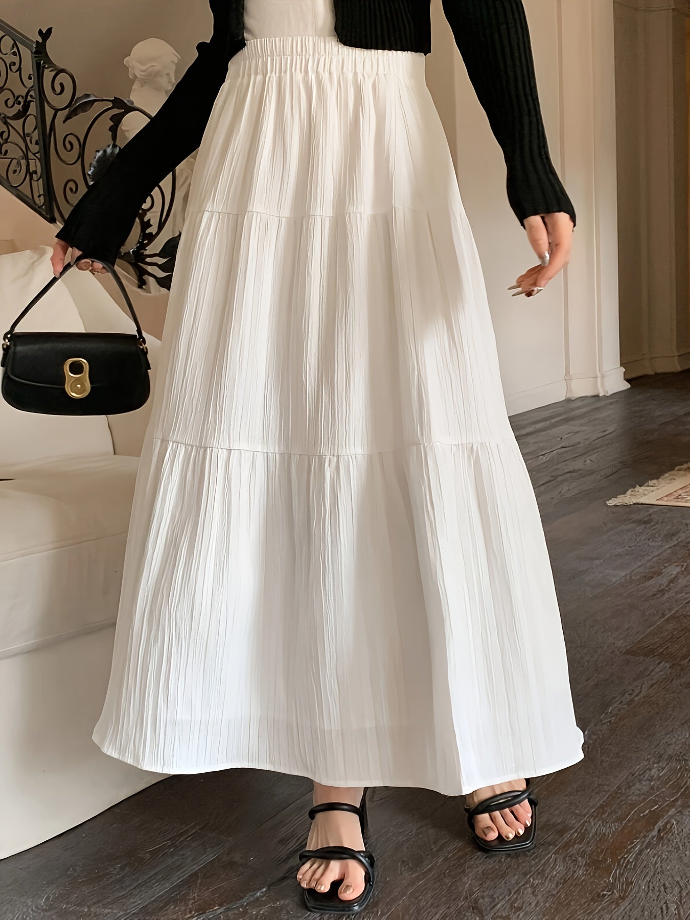 Midi Skirt Summer Cake High Waist New Elastic Mid-Length Large Swing Skirt White