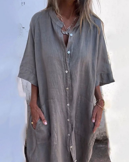 Effortless Linen Shirt Dress for Women with Collar Elbow Sleeve Pocket Detail Relaxed Style
