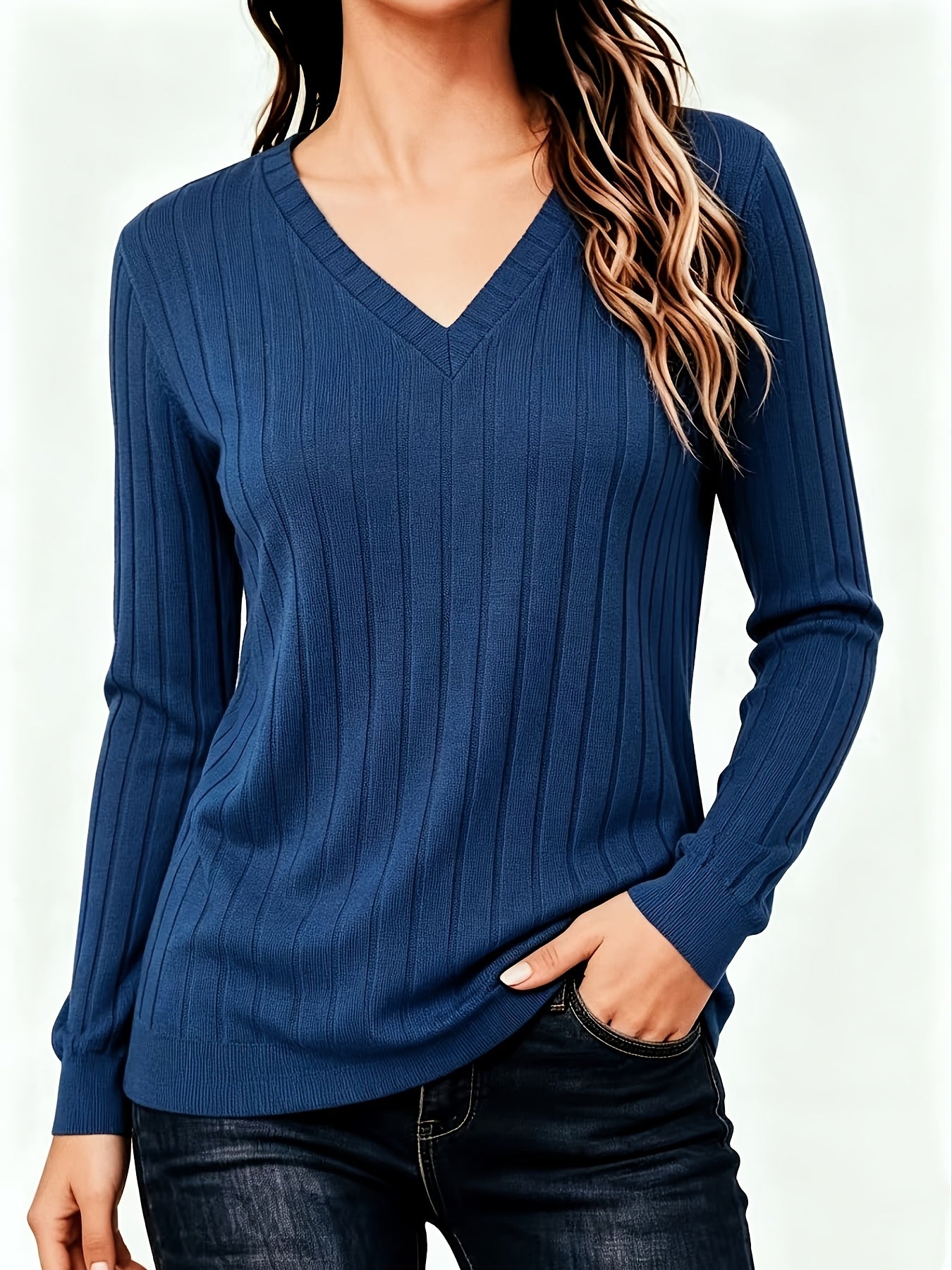 Autumn And Winter Solid Color Loose Women'S V-Neck Long Sleeve Ribbed Brushed T-Shirt Top