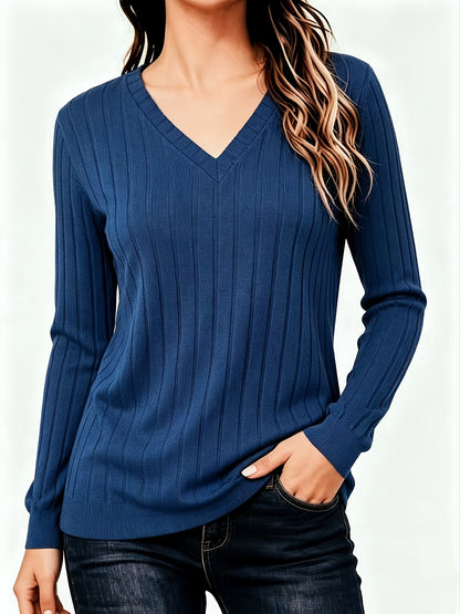 Autumn And Winter Solid Color Loose Women'S V-Neck Long Sleeve Ribbed Brushed T-Shirt Top