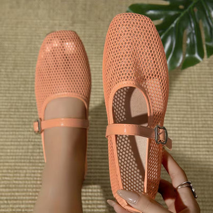 Comfortable Mary Jane Shoes for Women with Mesh Woven Buckle Strap Flat Style