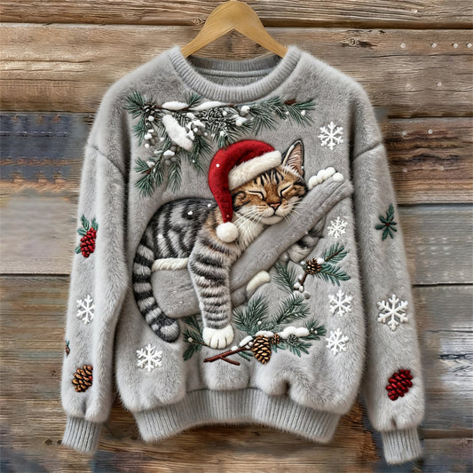 Comfortable Christmas Cat Print Sweater for Women with Crew Neck Long Sleeve Relaxed Oversized Knit Style