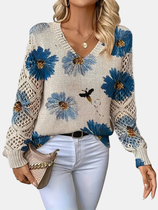 Comfortable Floral Crochet Sweater for Women with V Neck Balloon Sleeve Relaxed Oversized Knit Style