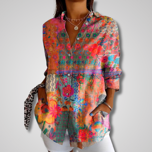 Effortless Patchwork Print Blouse for Women with Collar Long Sleeve Button Front Bohemian Style