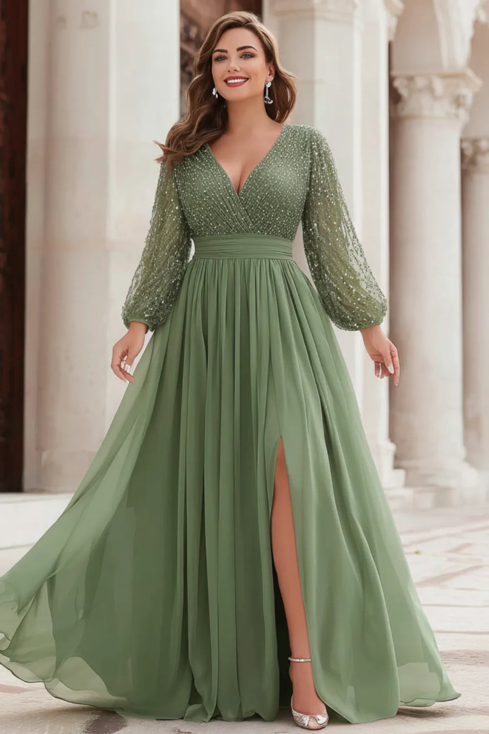 Flycurvy Plus Size Wedding Guest Sage Green Chiffon Sparkly Lantern Sleeve Slit Hem Maxi Dress