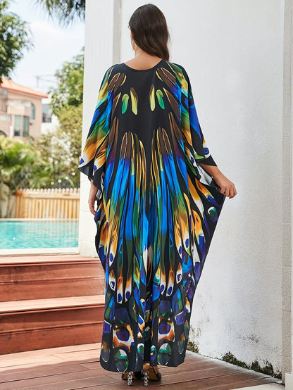 Plus Size Boho Cover Up, Women's Butterfly Print Chinese Knot Braided V Neck Maxi Loose Fit Beach Kaftan Dress