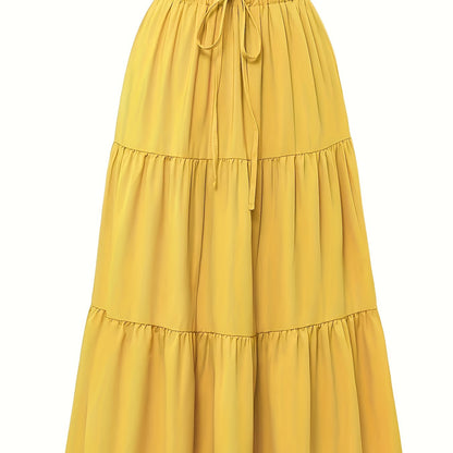 Women's Olive Green Pleated Midi Skirt - Lightweight Adjustable Drawstring Waist, Hand Washable Spring/Summer Elegant Solid Color Skirt for Casual & Formal Outfits, Casual Attire, Nontransparent Fabric, Spring Fashion, Classic Style, Breathable Material,