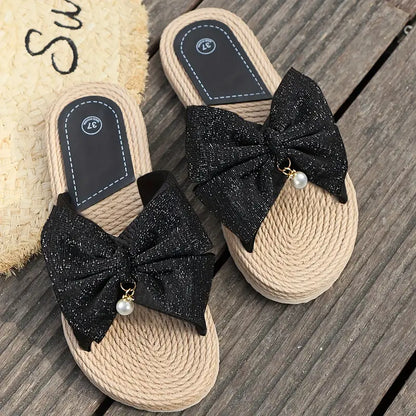 Comfortable Flat Sandals for Women with Bow Detail Espadrille Trim Slip On Open Toe Style