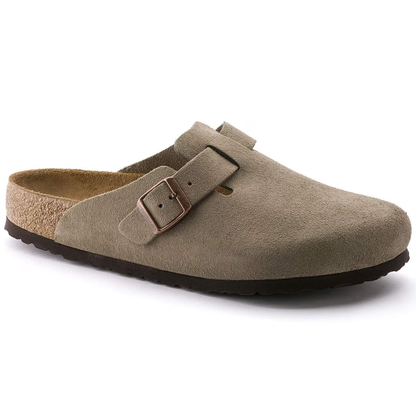 Comfortable Clogs for Women with Suede Upper Buckle Strap Contoured Cork Footbed Style