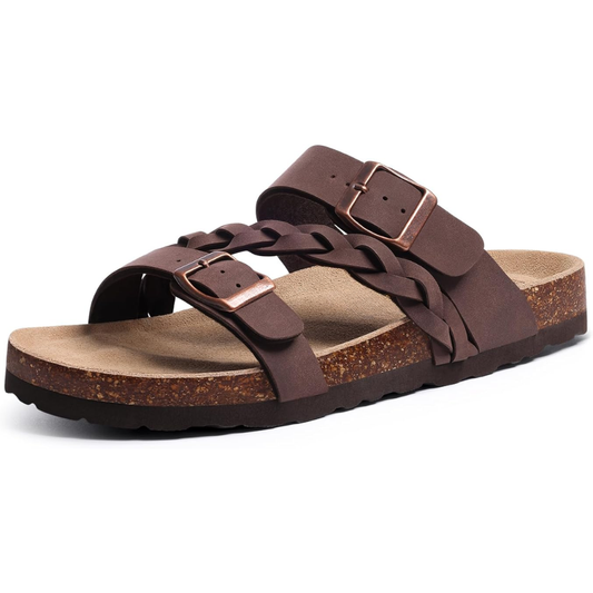 Comfortable Braided Strap Slide Sandal for Women with Double Buckle Woven Cork Footbed Casual Style