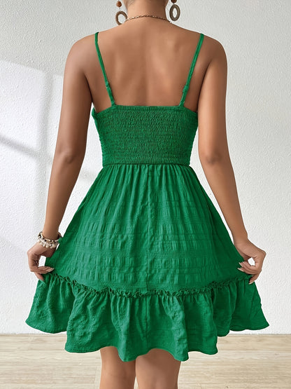 Women'S Vibrant Green Ruched Mini Dress with Adjustable Spaghetti Straps, Backless Design & Tiered Ruffle Hem - Lightweight Summer Casual Dress for Beach or Vacation, Beach Dresses, Vacation Attire, Ruched Texture, Fabric