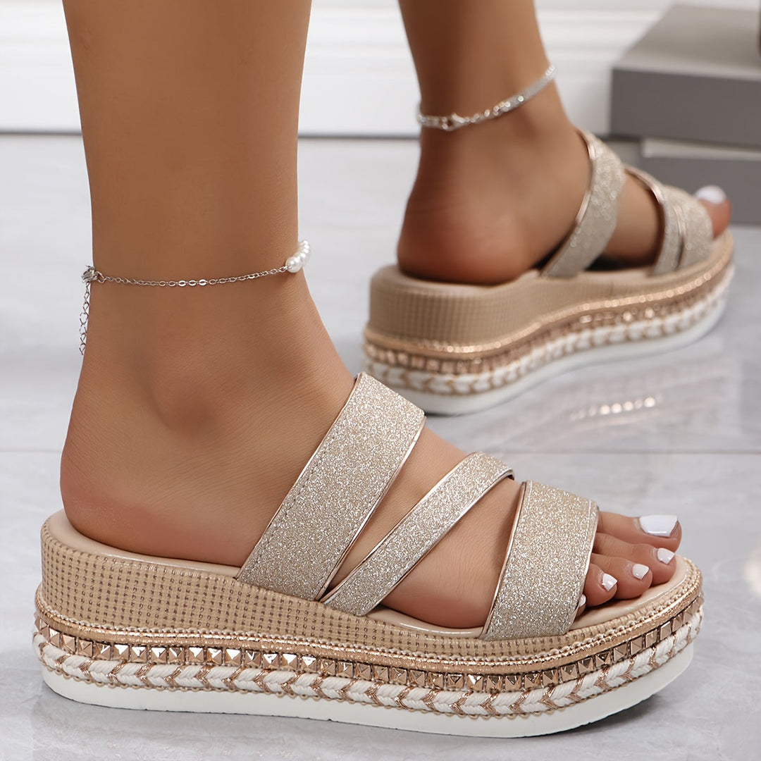Comfortable Gold Platform Sandals for Women with Double Strap Espadrille Braided Slide Style