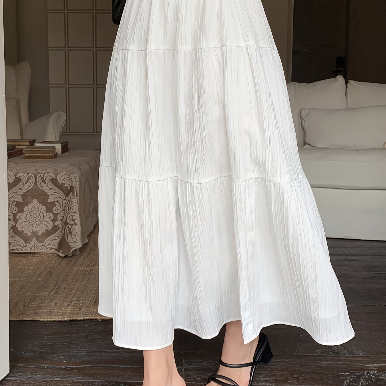 Midi Skirt Summer Cake High Waist New Elastic Mid-Length Large Swing Skirt White