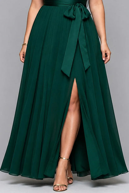 Flycurvy Plus Size Wedding Guest Dark Green Chiffon Ruffle Sleeve Slit Hem Maxi Dress With Belt