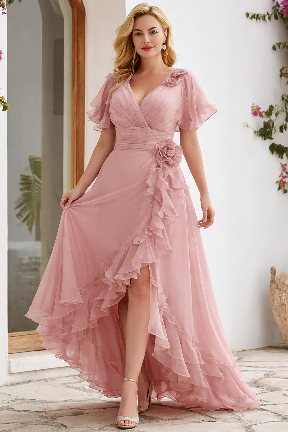Flycurvy Plus Size Wedding Guest Blush Pink Chiffon Wrap Flutter Sleeve Slit Ruffle Hem Maxi Dress