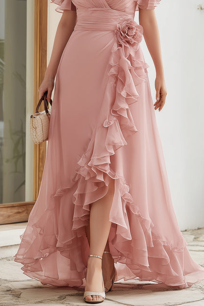 Flycurvy Plus Size Wedding Guest Blush Pink Chiffon Wrap Flutter Sleeve Slit Ruffle Hem Maxi Dress