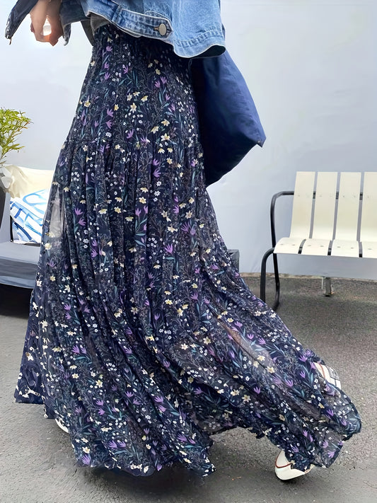 Effortless Blue Floral Maxi Skirt for Women with Elastic Waist Tiered Ruffle Flowing Bohemian Style