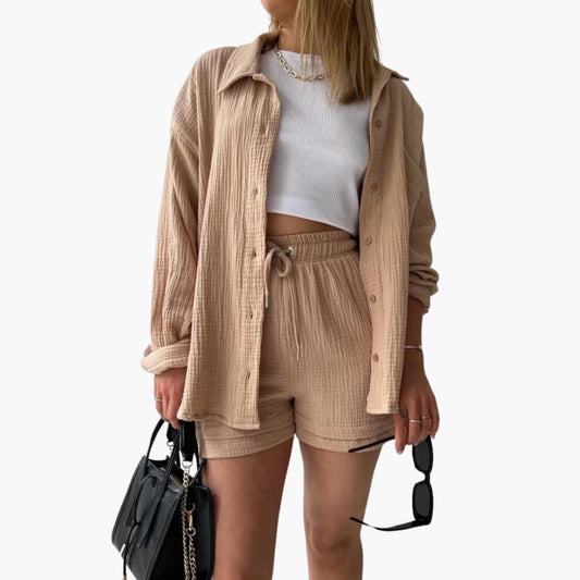 Effortless Crinkle Cotton Two Piece Set for Women with Collar Long Sleeve Drawstring Shorts Relaxed Style