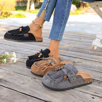 Stylish Mules for Women with Fringe Tassel Beaded Suede Slip On Moccasin Style