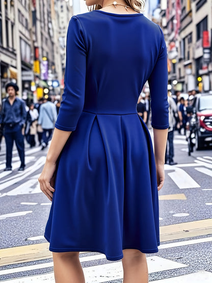 Elegant Women'S Navy Blue Dress with Waist-Cinching and Flared Skirt | Square Neck, Solid Color, Pocket Details, Perfect for Spring/Fall, Ideal for Daily Commute and Work Meetings
