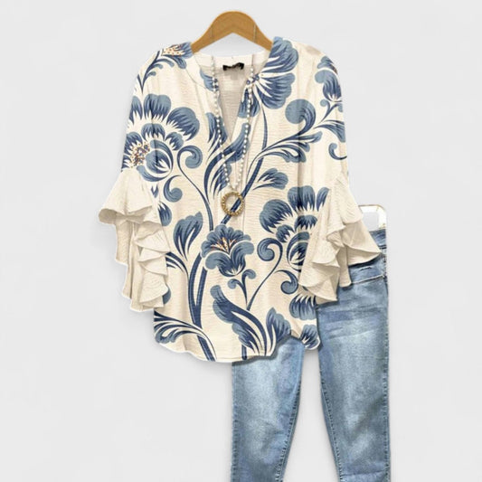 Effortless Floral Print Blouse for Women with V Neck Ruffle Bell Sleeve Relaxed Bohemian Style