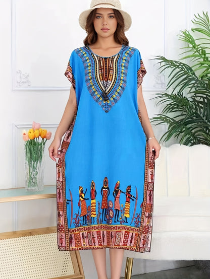 Ethnic Style Dress Summer New Bohemian Style Vacation Batwing Sleeve Dress Loose Beach Dress