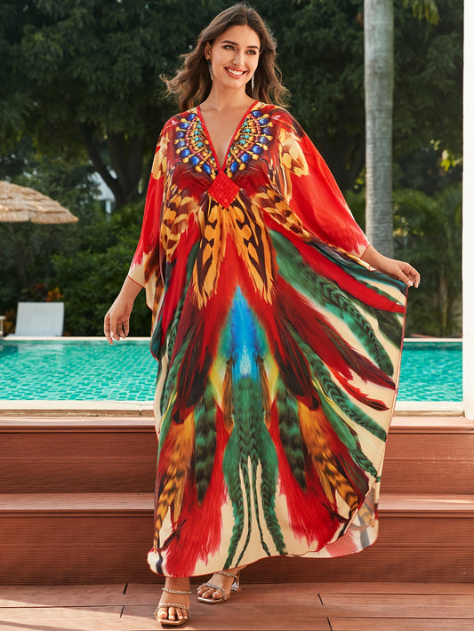 Effortless Multicolor Feather Print Maxi Dress for Women with V Neck Kaftan Batwing Sleeve Flowing Bohemian Style