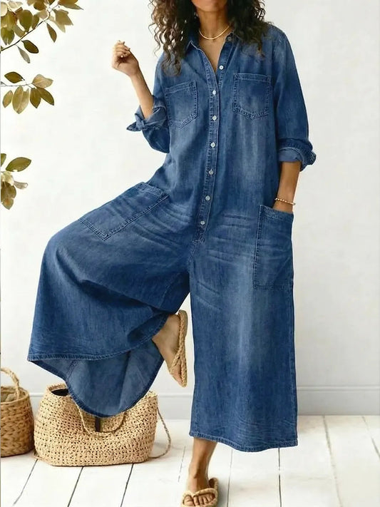 Effortless Denim Jumpsuit for Women with Collar Long Sleeve Button Front Wide Leg Relaxed Style