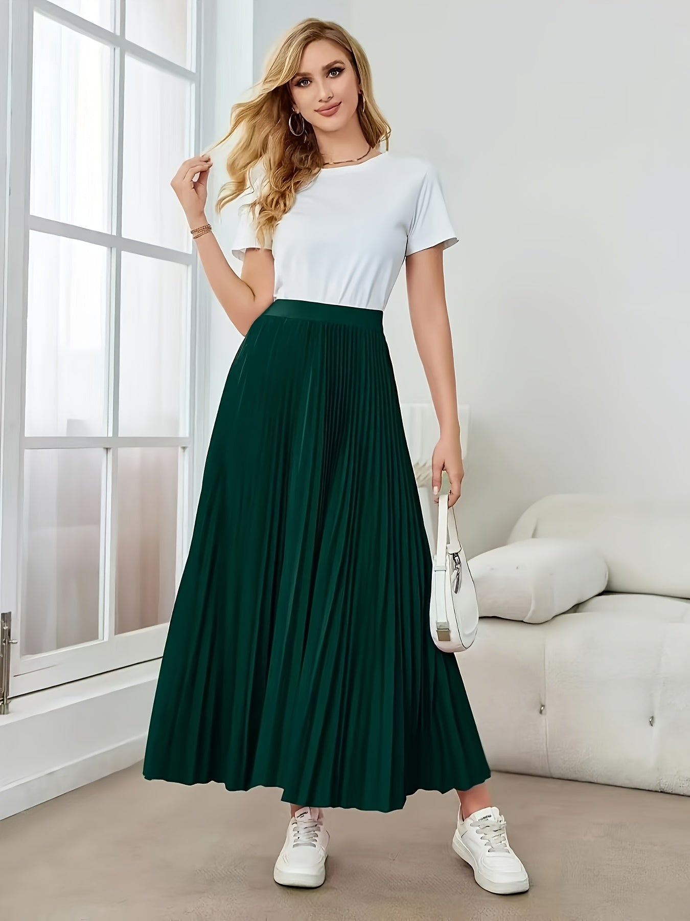 Women's Elegant High-Waisted Pleated Midi Skirt - Non-Stretch Machine-Washable All-Season Versatile Solid Color Smooth Texture for Casual & Formal Outfits, Cute Skirts, Nonelastic Fabric