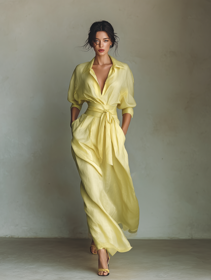 Margot | Yellow Elegant Shirt Dress for Women in Casual Maxi Long Style