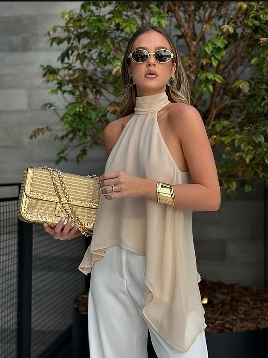 Elegant Chiffon Halter Top for Women with High Neck Sleeveless Draped Flowing Style