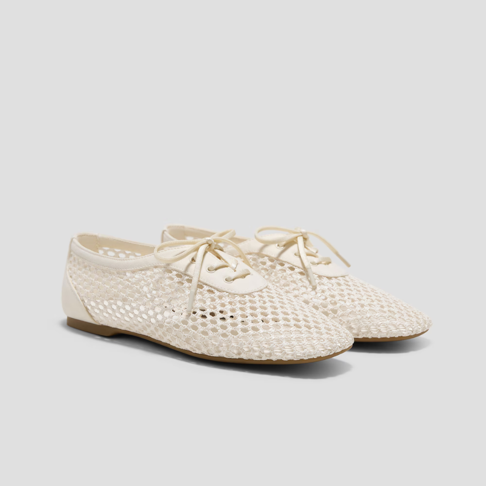 Effortless Woven Ballet Flats for Women with Square Toe Lace Up Bow Mesh Slip On Style