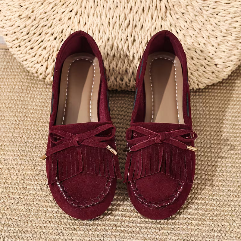 Comfortable House Shoes for Women with Fringe Bow Suede Moccasin Slip On Style
