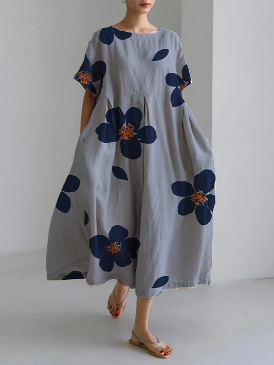 Effortless Blue Floral Maxi Dress for Women with Round Neck Short Sleeve Oversized Flowing Bohemian Style