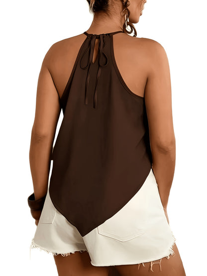 Women'S Fashion Asymmetrical Hem Tie-Neck Sleeveless Blouse, Suitable for Spring And Summer Wear
