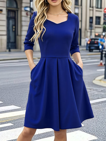 Elegant Women'S Navy Blue Dress with Waist-Cinching and Flared Skirt | Square Neck, Solid Color, Pocket Details, Perfect for Spring/Fall, Ideal for Daily Commute and Work Meetings