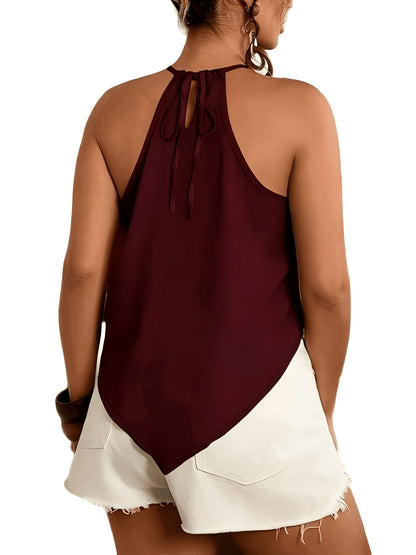 Women'S Fashion Asymmetrical Hem Tie-Neck Sleeveless Blouse, Suitable for Spring And Summer Wear