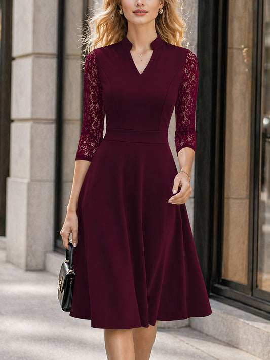 Elegant Lace Sleeve Midi Dress for Women with Notched V Neck Three Quarter Sleeve Fit and Flare Cocktail Style