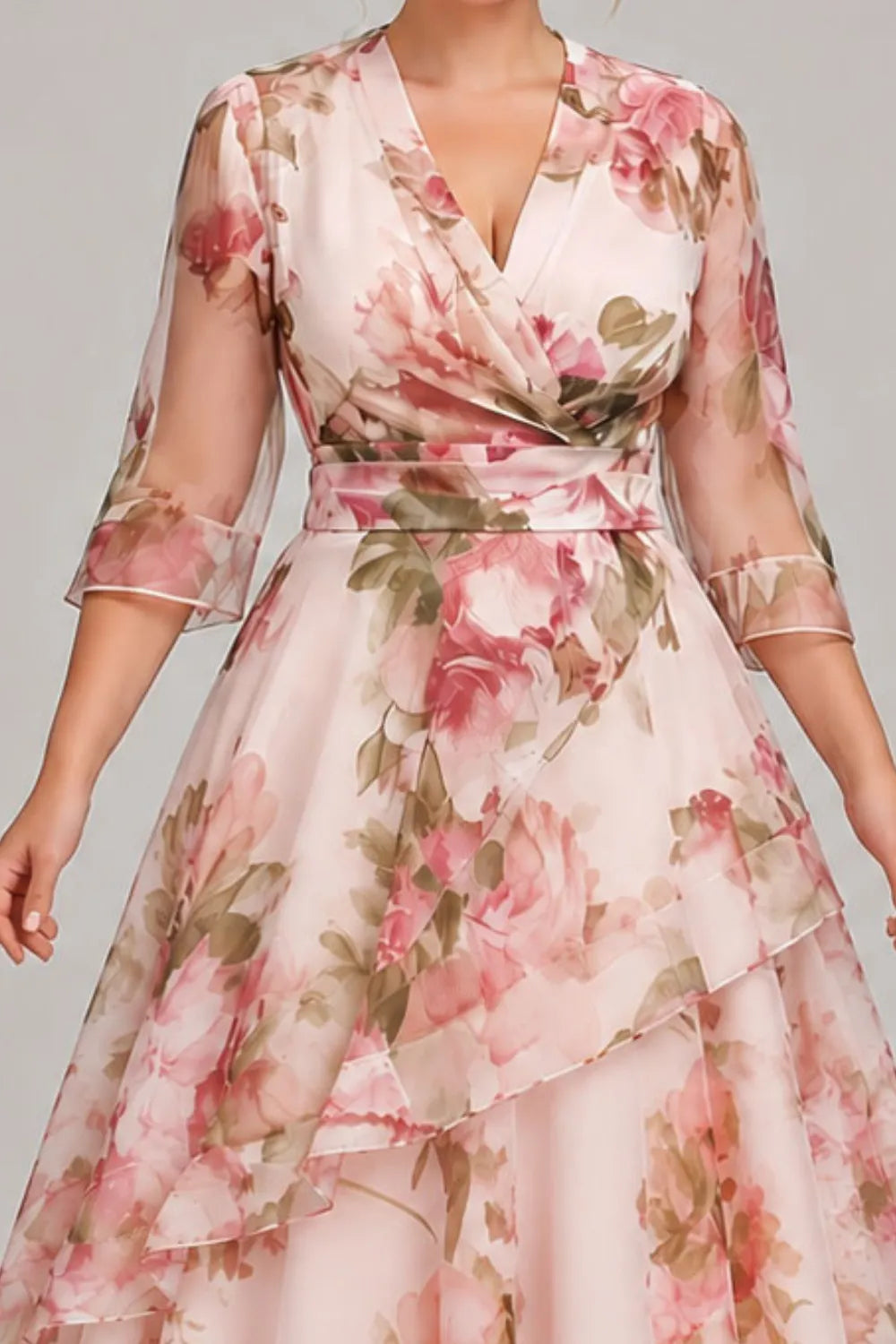 Flycurvy Plus Size Wedding Guest Pink Organza Floral Print Wrap 3/4 Sleeve Layered Asymmetrical Hem Maxi Dress