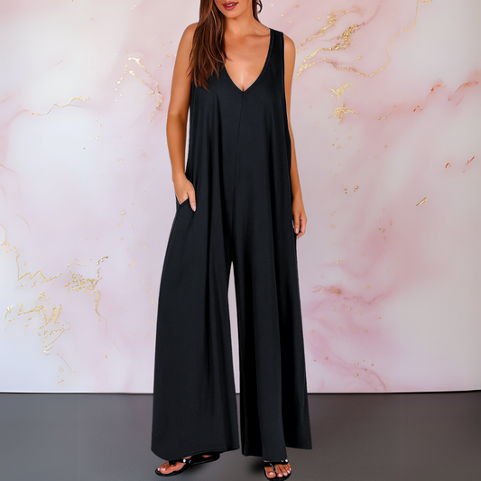 Effortless Wide Leg Jumpsuit for Women with V Neck Sleeveless Pocket Relaxed Style