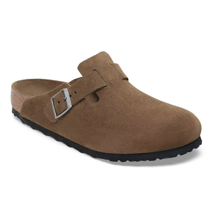 Comfortable Clogs for Women with Suede Upper Buckle Strap Contoured Cork Footbed Style