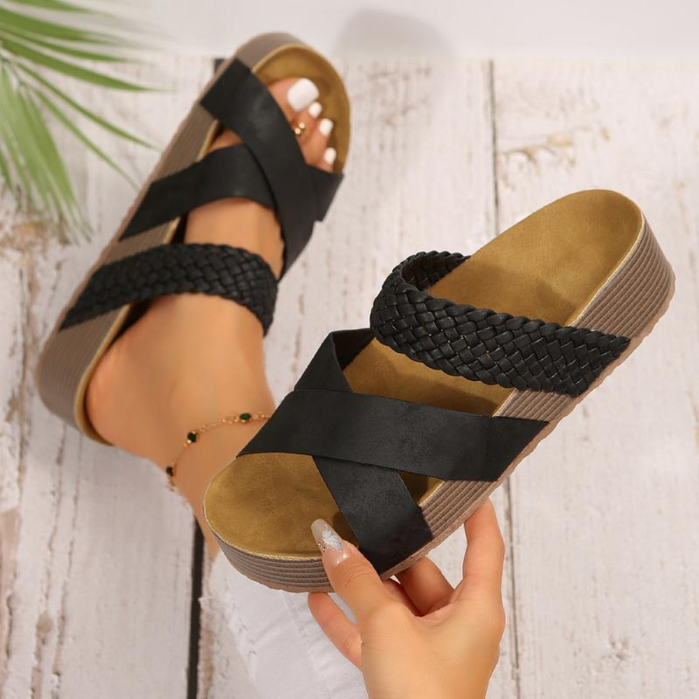 Comfortable Slide Sandals for Women with Crossover Woven Strap Cork Footbed Open Toe Style