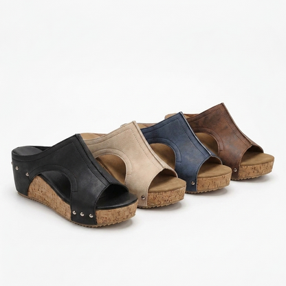 Comfortable Wedge Sandals for Women with Studded T Strap Cork Platform Peep Toe Slide Style