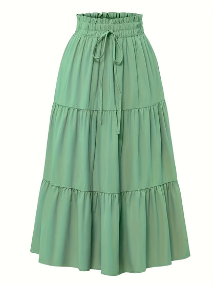 Women's Olive Green Pleated Midi Skirt - Lightweight Adjustable Drawstring Waist, Hand Washable Spring/Summer Elegant Solid Color Skirt for Casual & Formal Outfits, Casual Attire, Nontransparent Fabric, Spring Fashion, Classic Style, Breathable Material,
