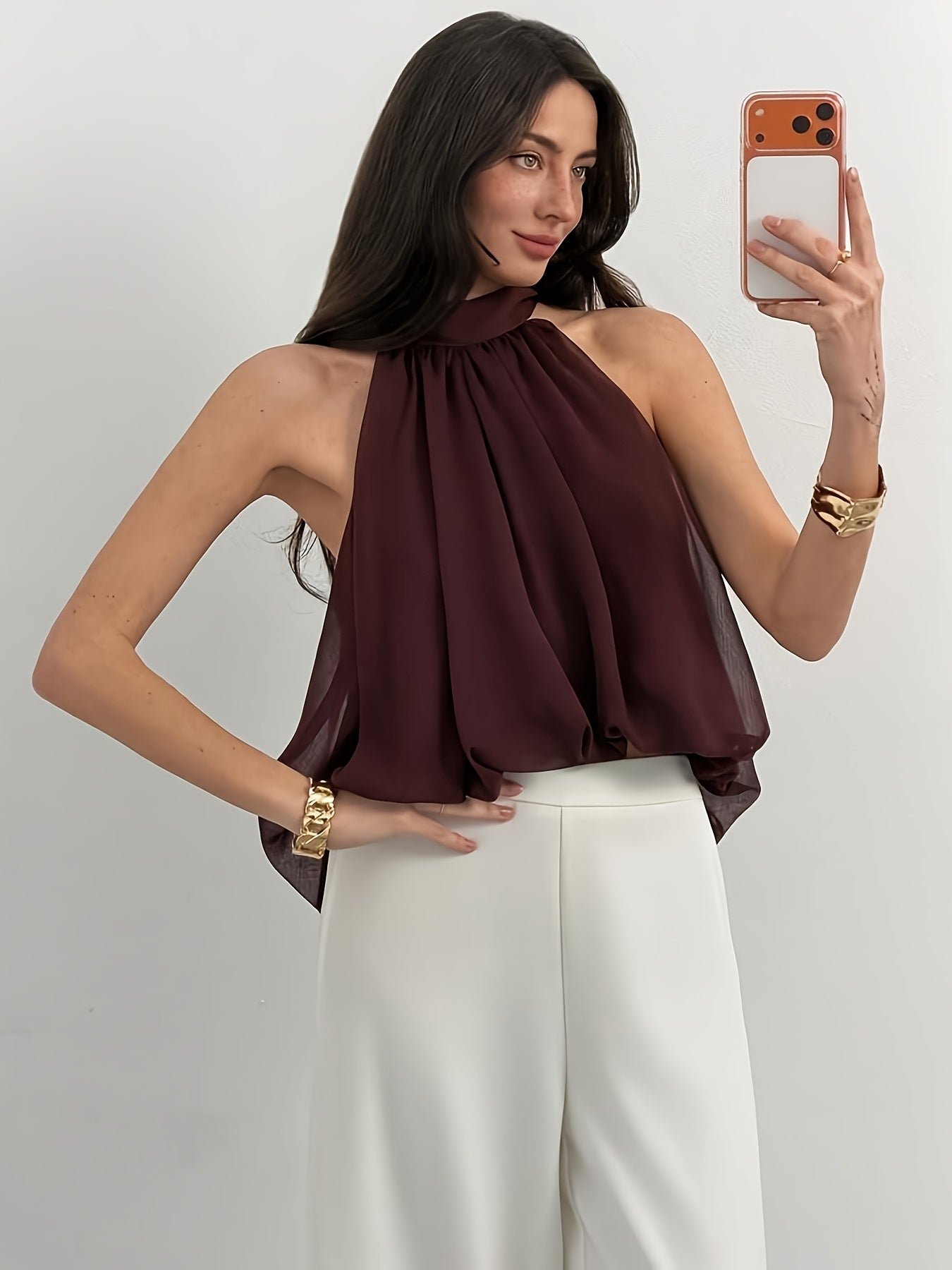Women'S Elegant Fashion Solid Color Bow Tie Halter Top