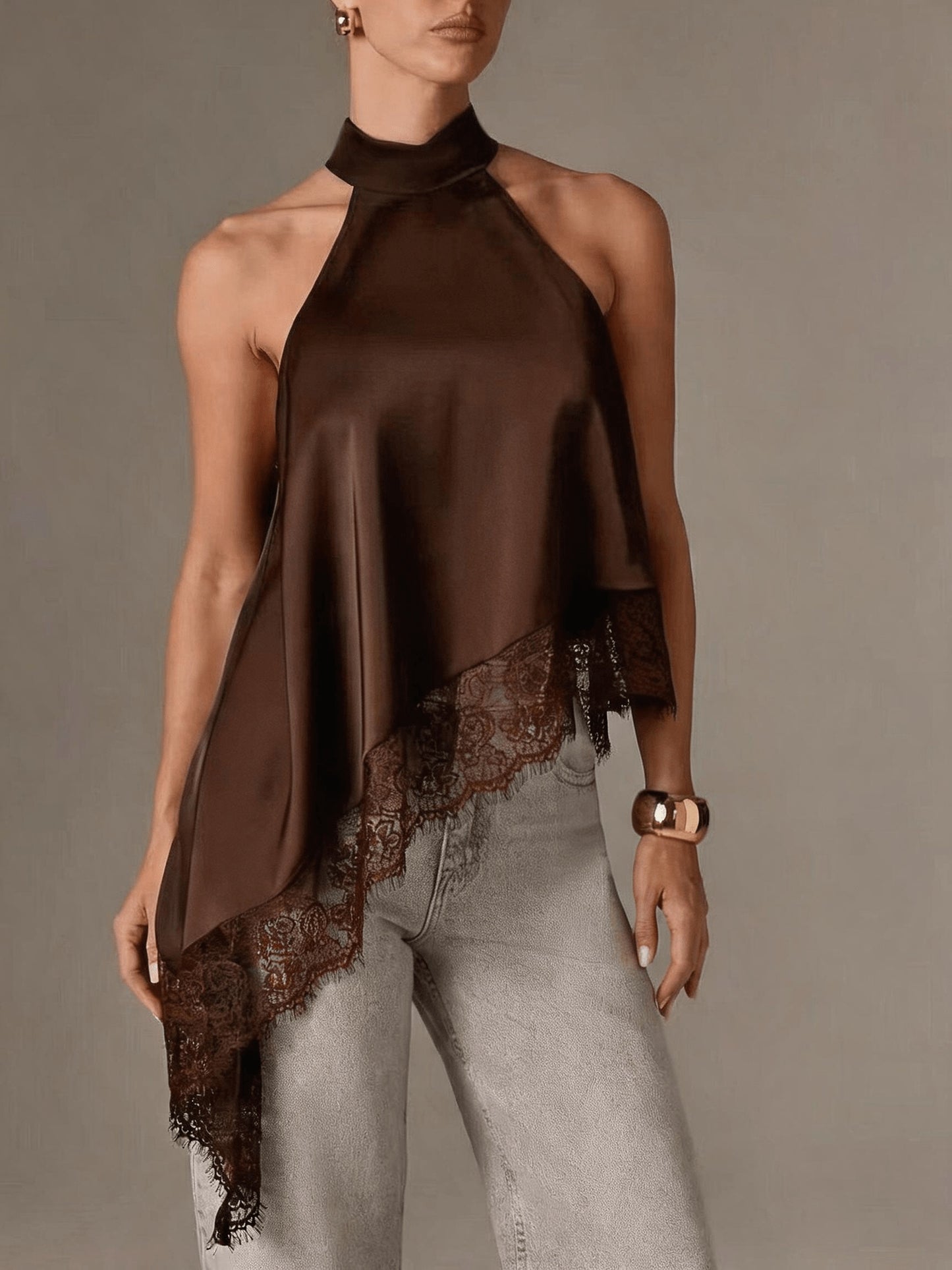 Irregular Patchwork Lace Neckline Halter Top, Women's Elegant Vest